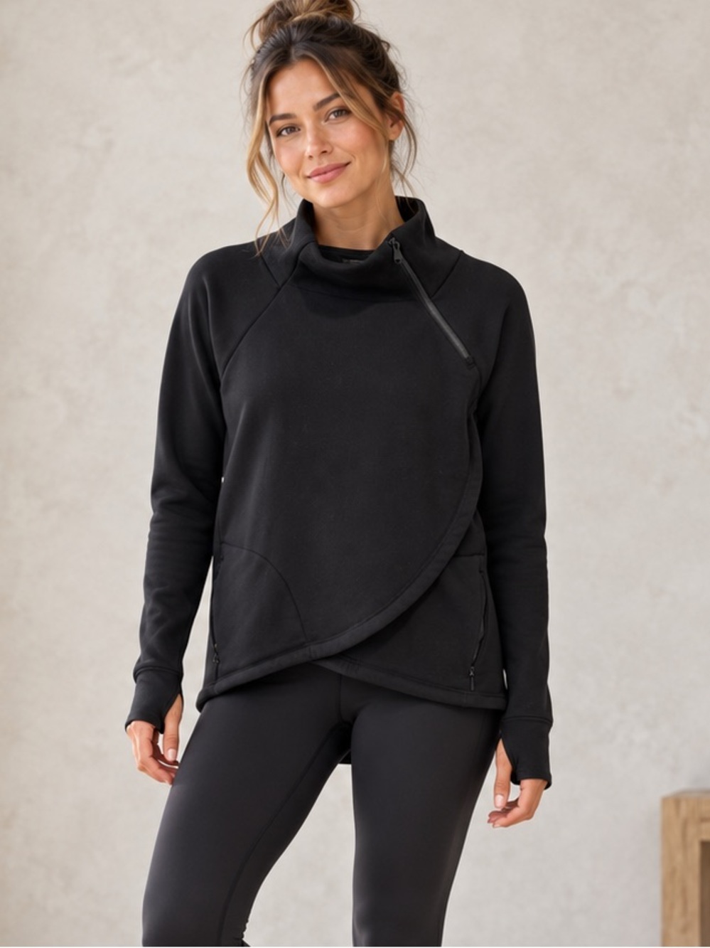 Athleta Cozy Karma Asymmetrical Wrap Pullover Black Small Petite SP